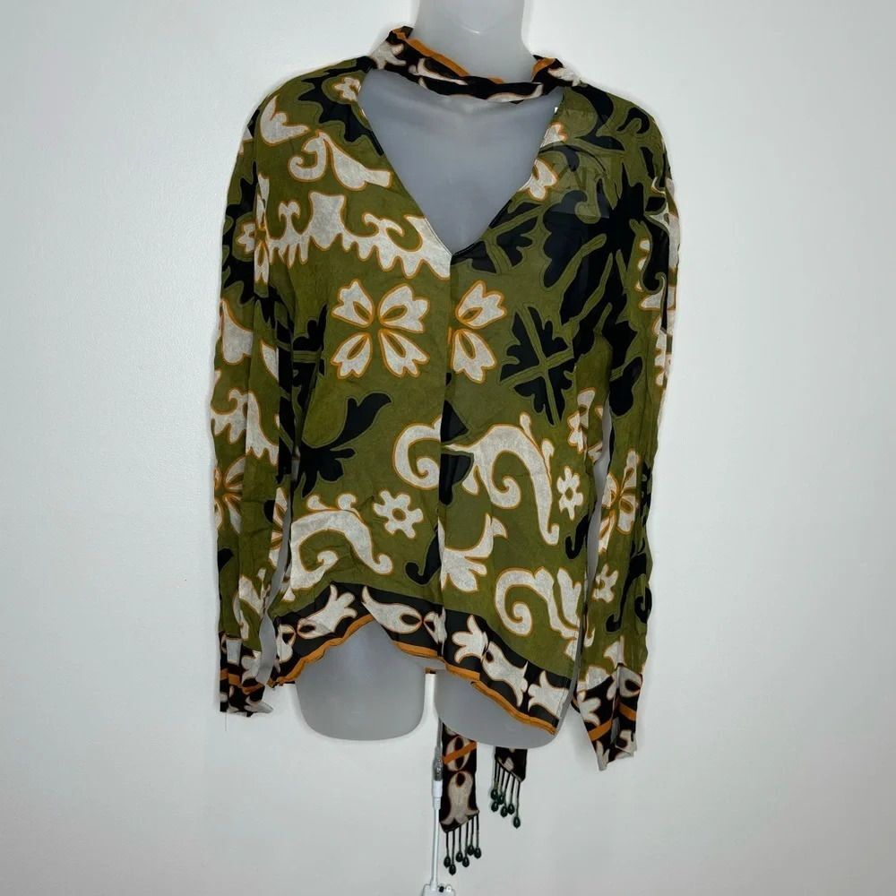 Zara V Neck Green Brown Pattern Beaded Tassel Long Sleeve Blouse Small NWT